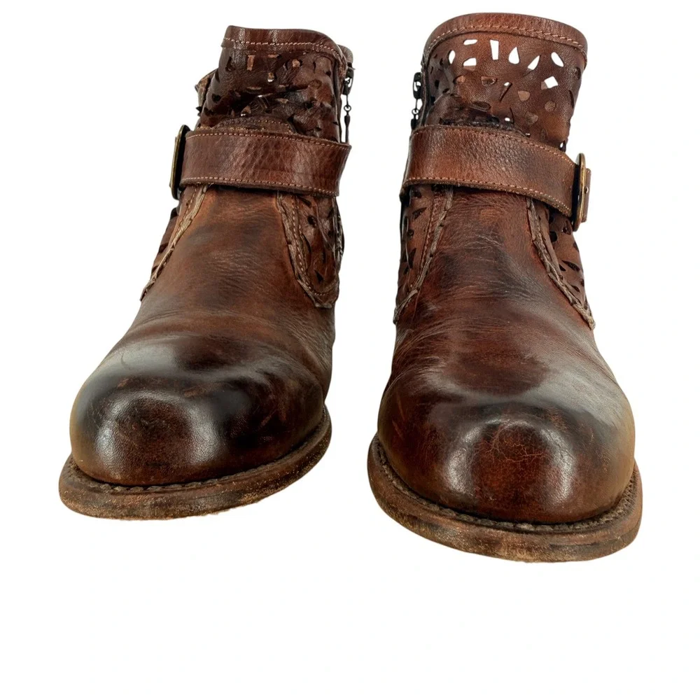 Bed Stu Heather Women 7.5 Brown Leather Perforated Ankle Boots Buckle Bootie